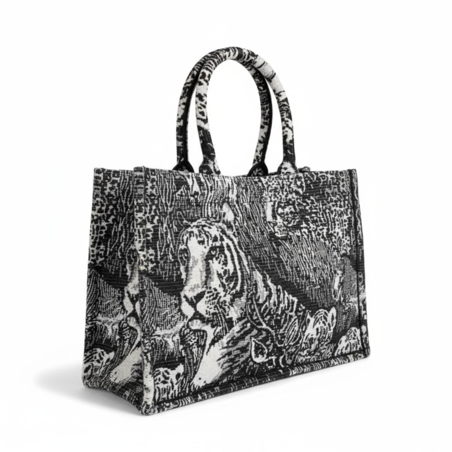 Handmade fabric tote bag with a luxury black and white tiger design.