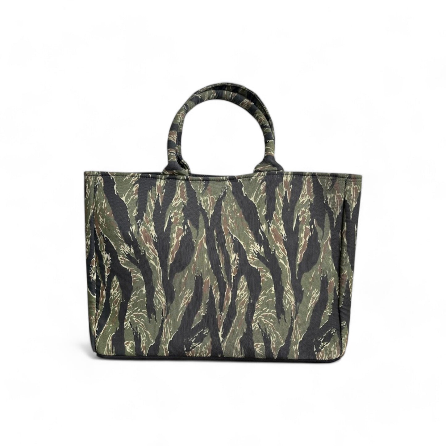 A back and green camouflage pattern large tote bag with two handles.
