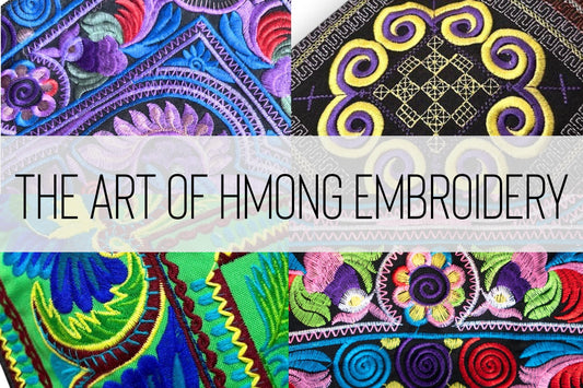 A collage of four pieces of vibrant and unique Hmong embroidery