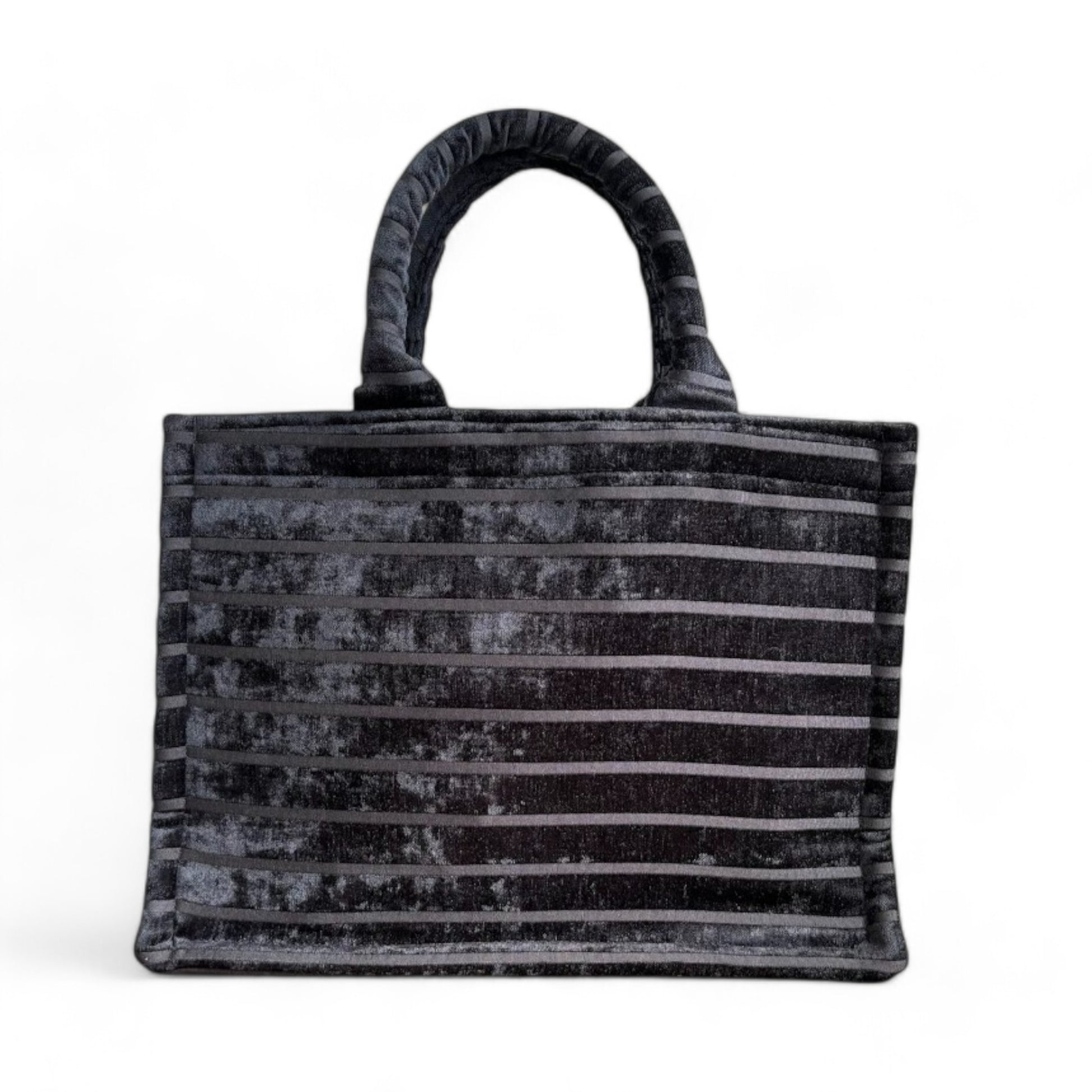 Book Tote Black Chenille front view, luxury fabric handbag with soft handles, versatile fashion bag.