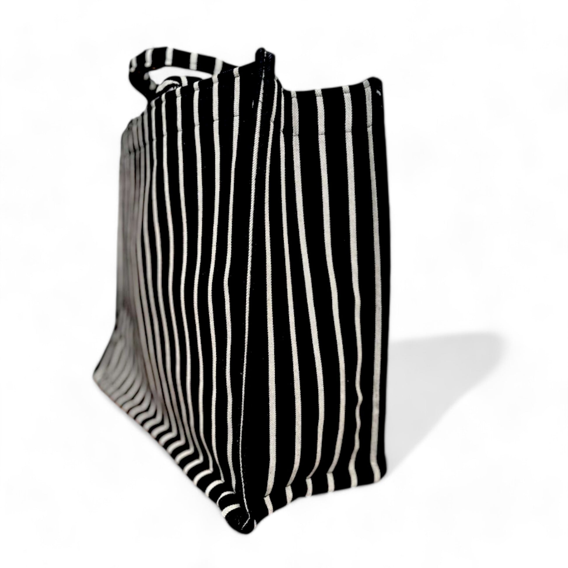 Side view of a balck and light grey stripe.