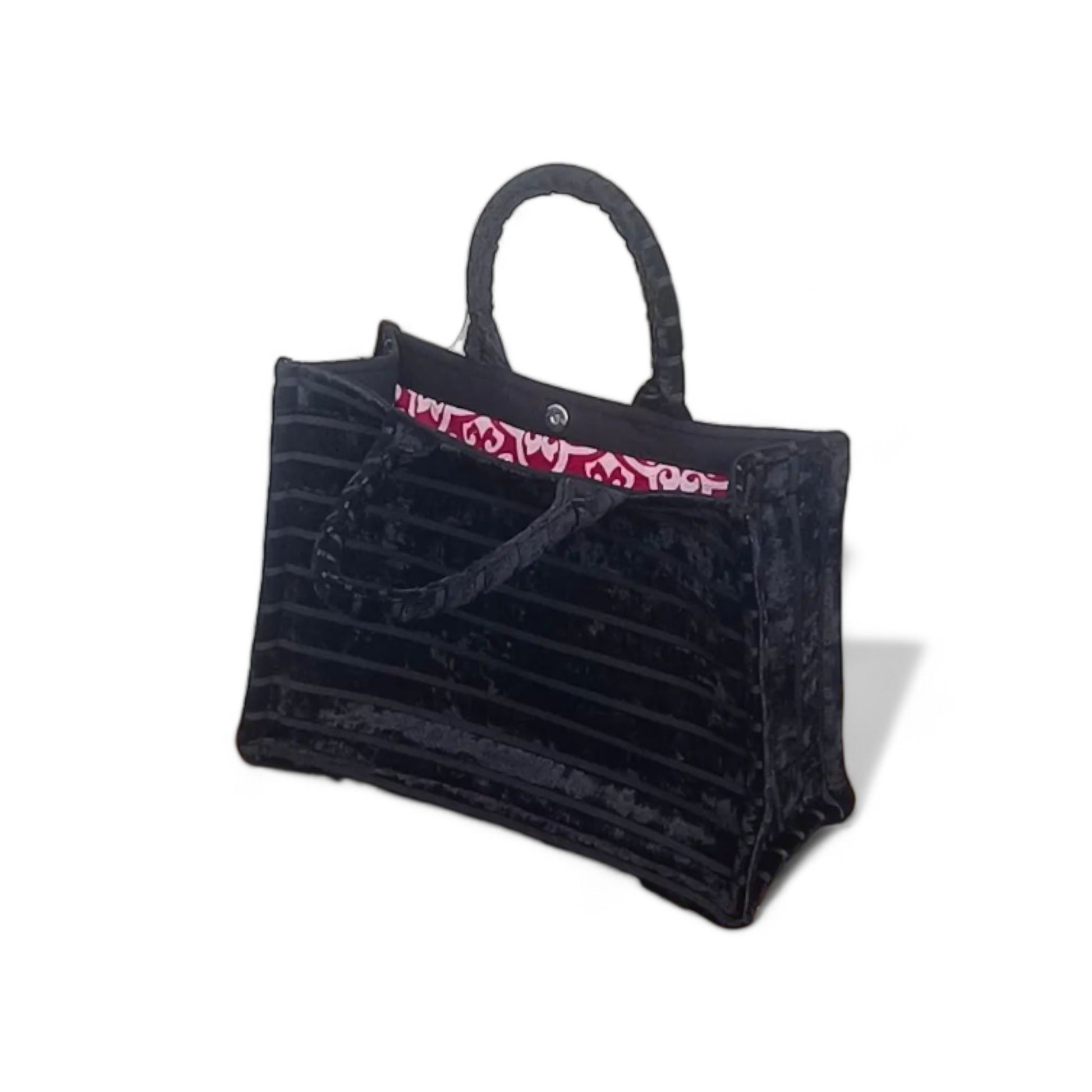 Black chenille tote bag with raspberry-damask pattern fabric lining, double handles.