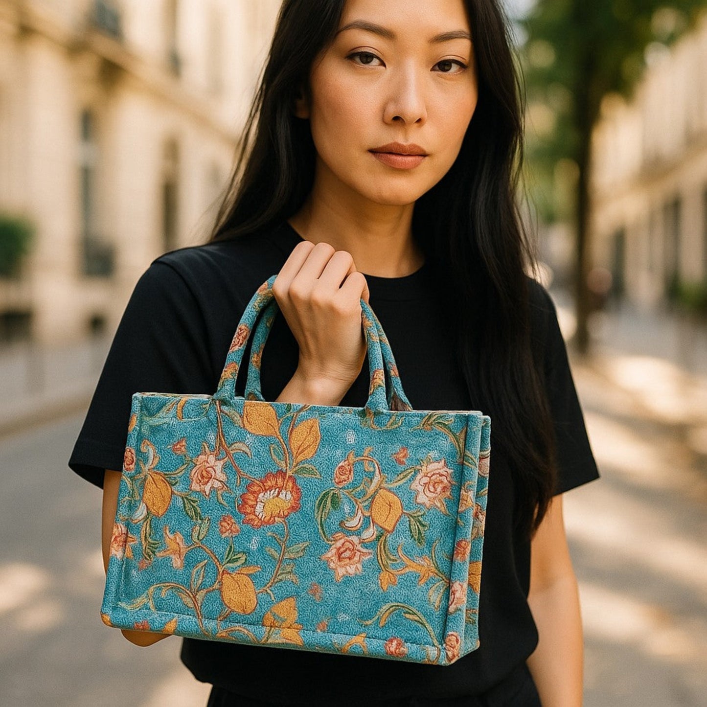 A close-up shot of a woman holding the mini-sized floral tote bag, highlighting the design details.