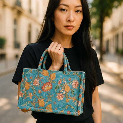 A close-up shot of a woman holding the mini-sized floral tote bag, highlighting the design details.