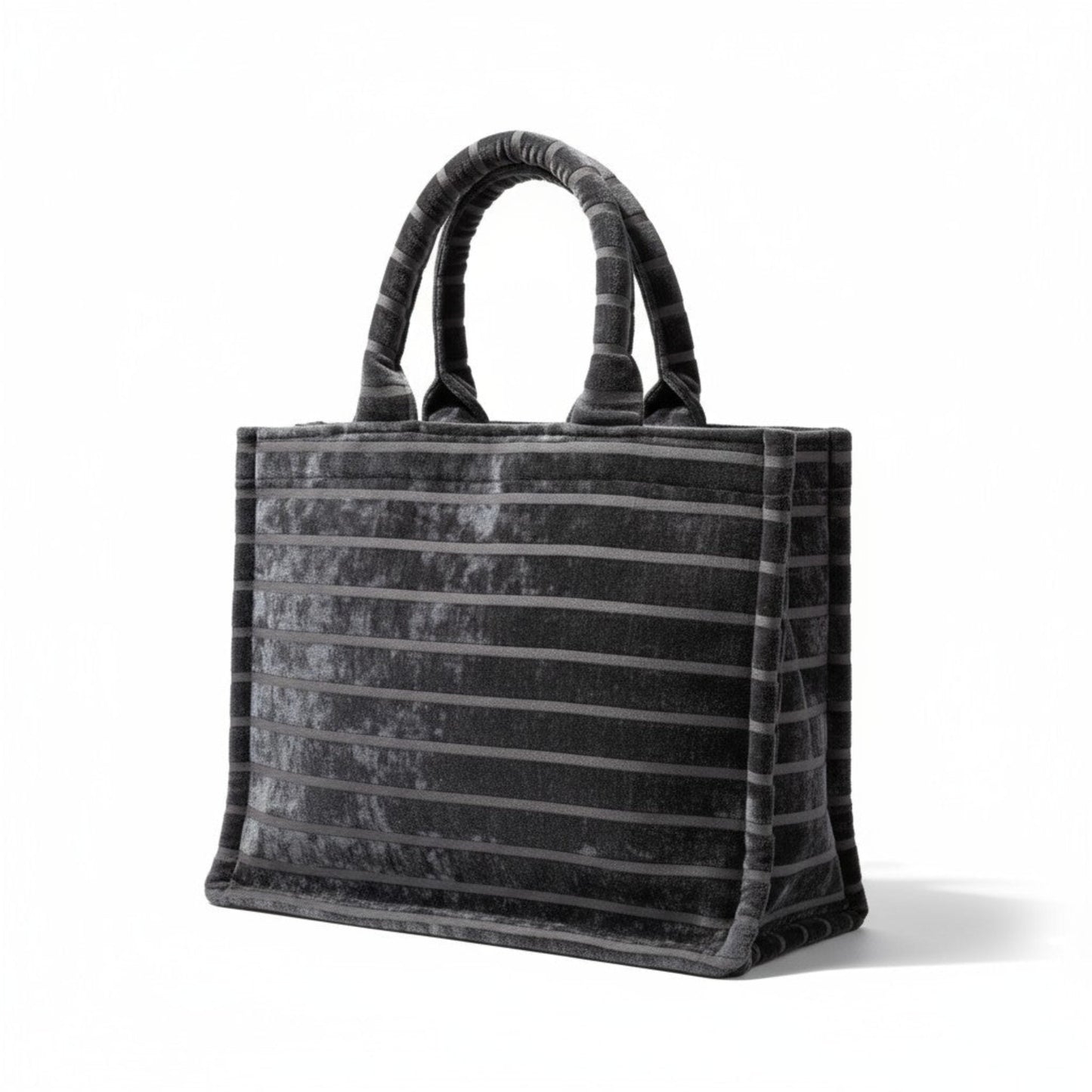 Front-angle view of an elegant Black Chenille Book Tote, an everyday tote bag in textured striped fabric.