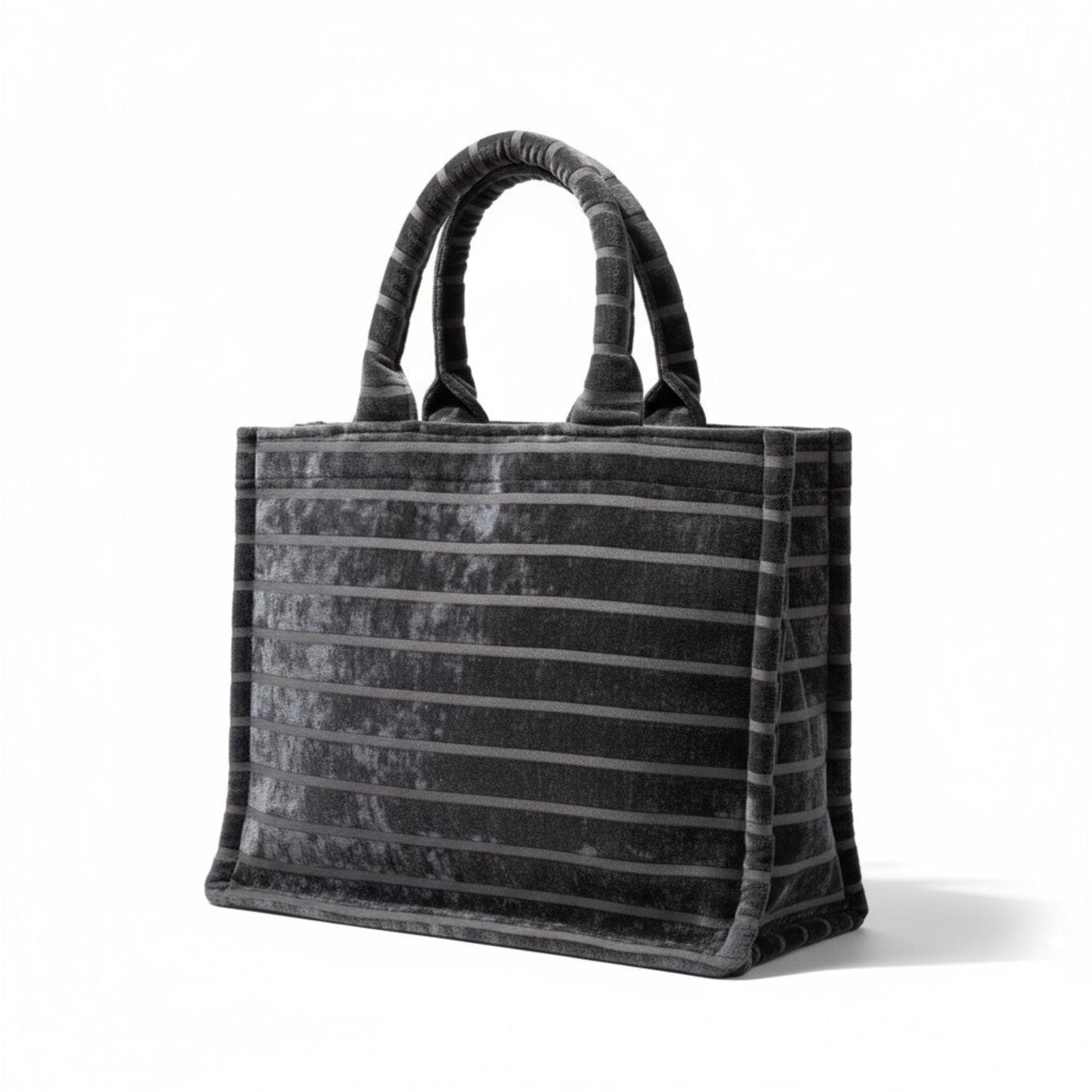 Front-angle view of an elegant Black Chenille Book Tote, an everyday tote bag in textured striped fabric.