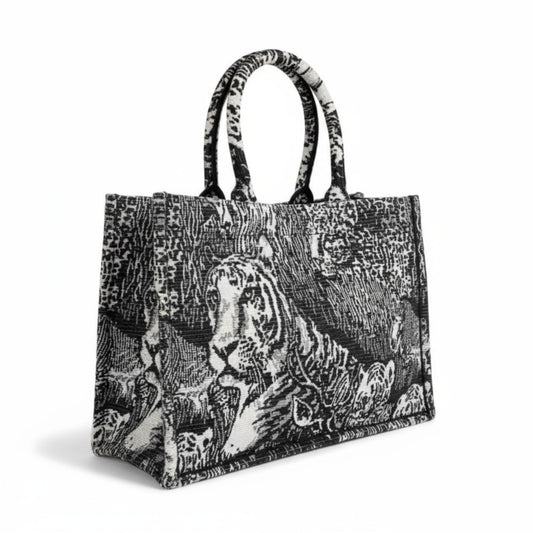 Handmade jacquard fabric tote bag with a luxurious black and white tiger design.