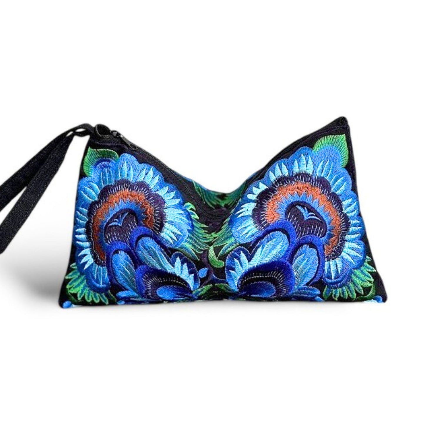 Front view of an intricate blue flower embroidered wristlet clutch bag with strap, handmade artisan design.