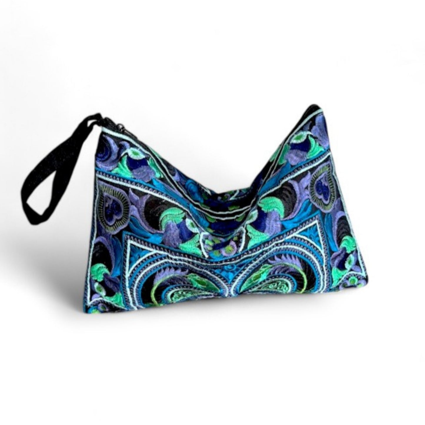 Front view of a versatile and lightweight handmade Hmong wristlet with sky blue and green embroidery.