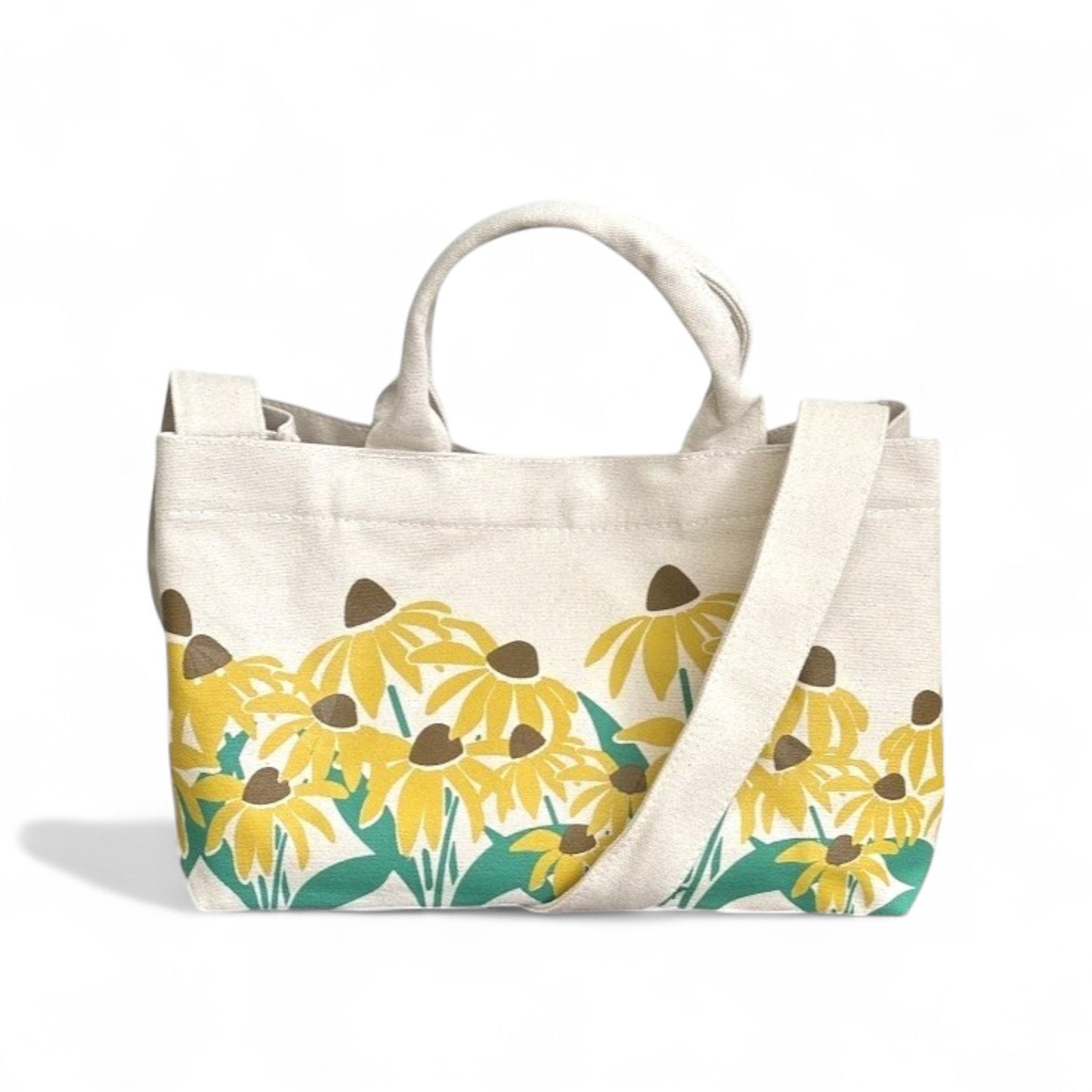 Canvas sunflower tote bag with yellow flower design, short handles, and shoulder strap – front.