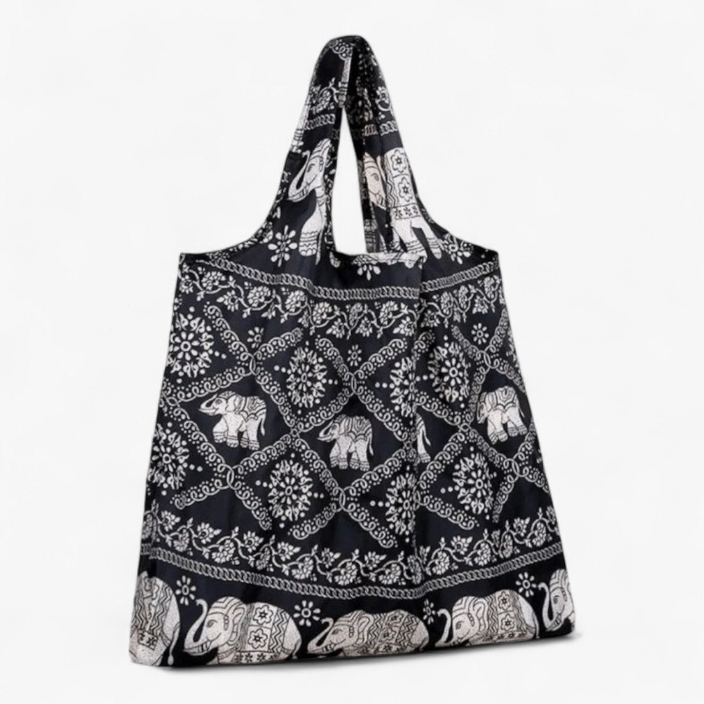 Dark brown everyday tote bag with light brown elephant pattern. 
