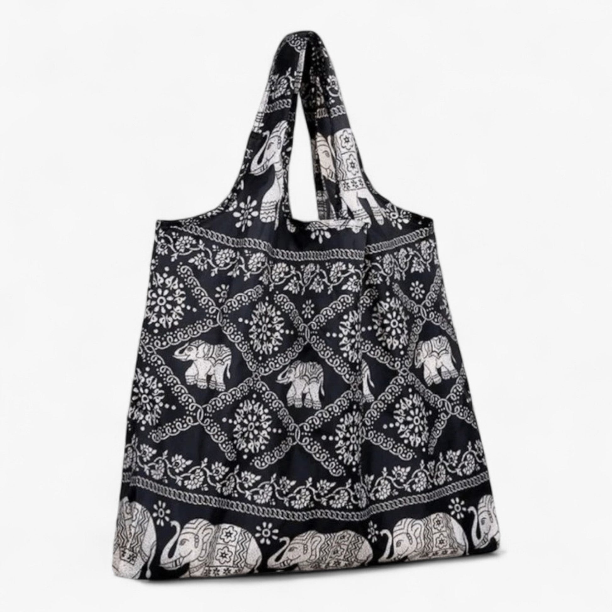 Dark brown everyday tote bag with light brown elephant pattern. 